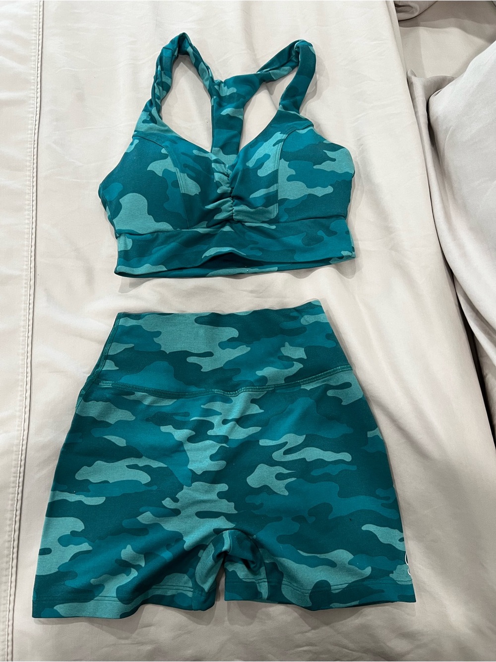 Bombshell Sportswear Teal Camo Racerback Sports Bra & High-Waist Shorts